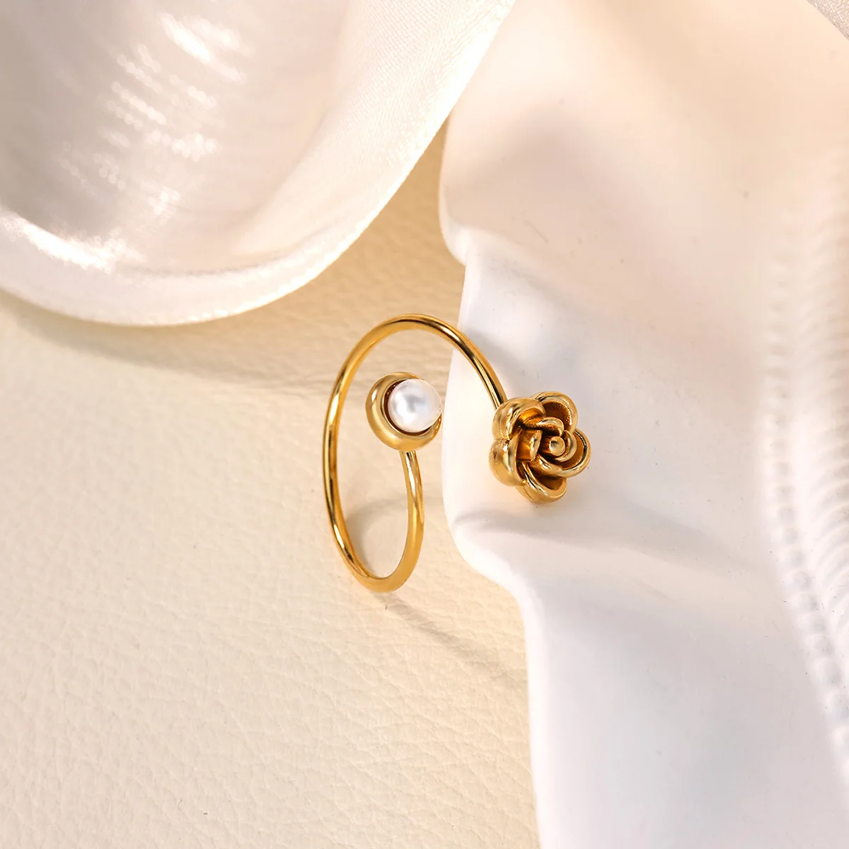 Elegant Pearl Rose Rings Women Gold Stainless Steel Adjustable Aesthetic