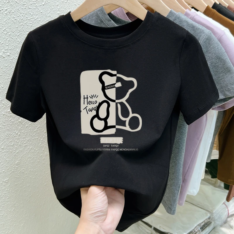 Summer T-shirt Loose O-neck Women\'s Tops Cute Bear Print Oversize Short Sleeves Tees Harajuku Girls Plus Size T-shirts M-5XL