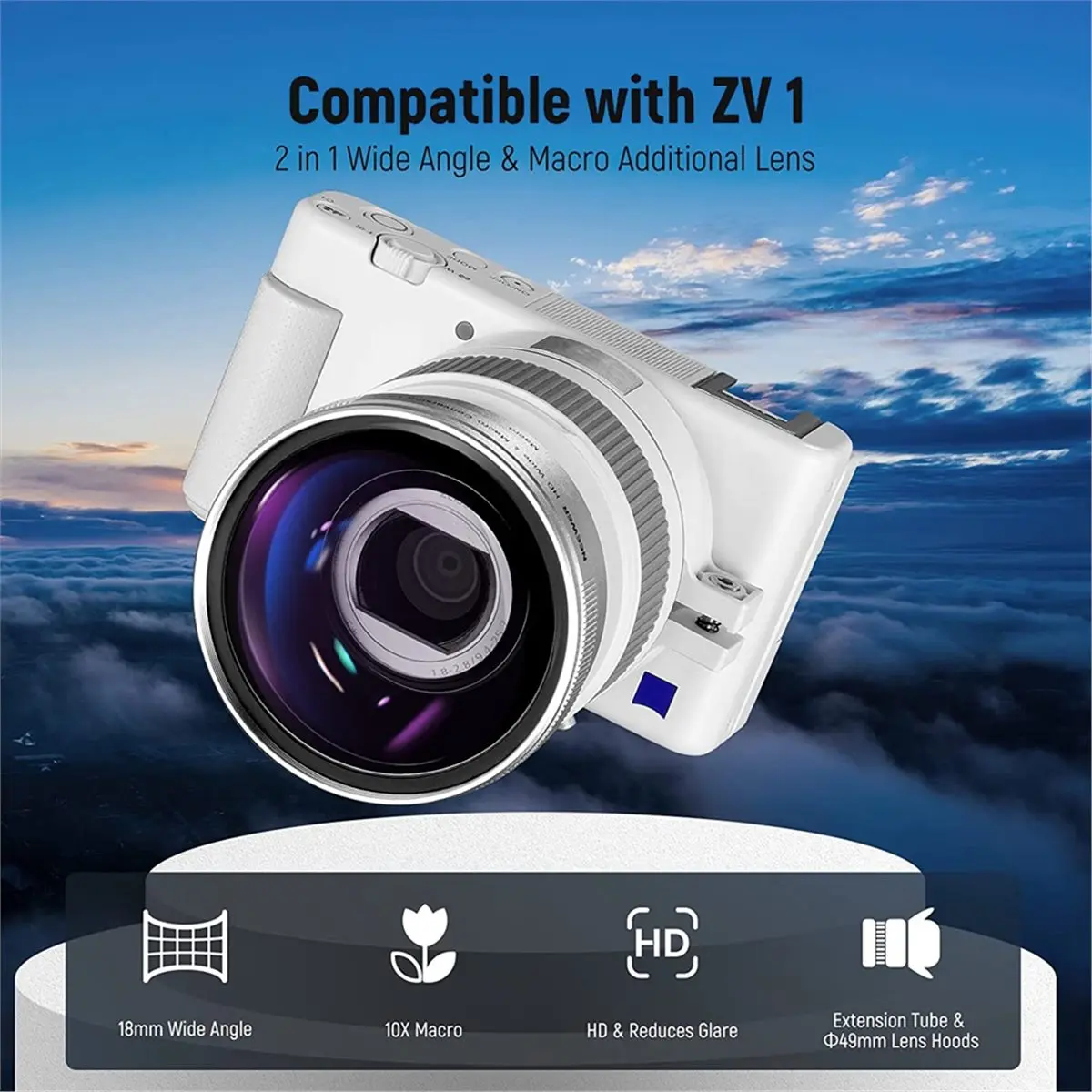 N05R ZV-1 카메라용 광각 및 매크로 추가 렌즈 2-in-1 18mm HD 광각+10배 매크로 추가 렌즈 B