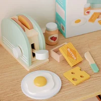 Wooden Toaster Toy Kids Bread Machine Kit Pretend Play Kitchen Toys Set Breakfast Educational Toys Gifts for Girls Boys 2