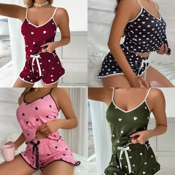 2Pcs/set plus size sleeveless pyjamas ice silk summer camisole college students homewear printed tops shorts ladies pyjamas youn