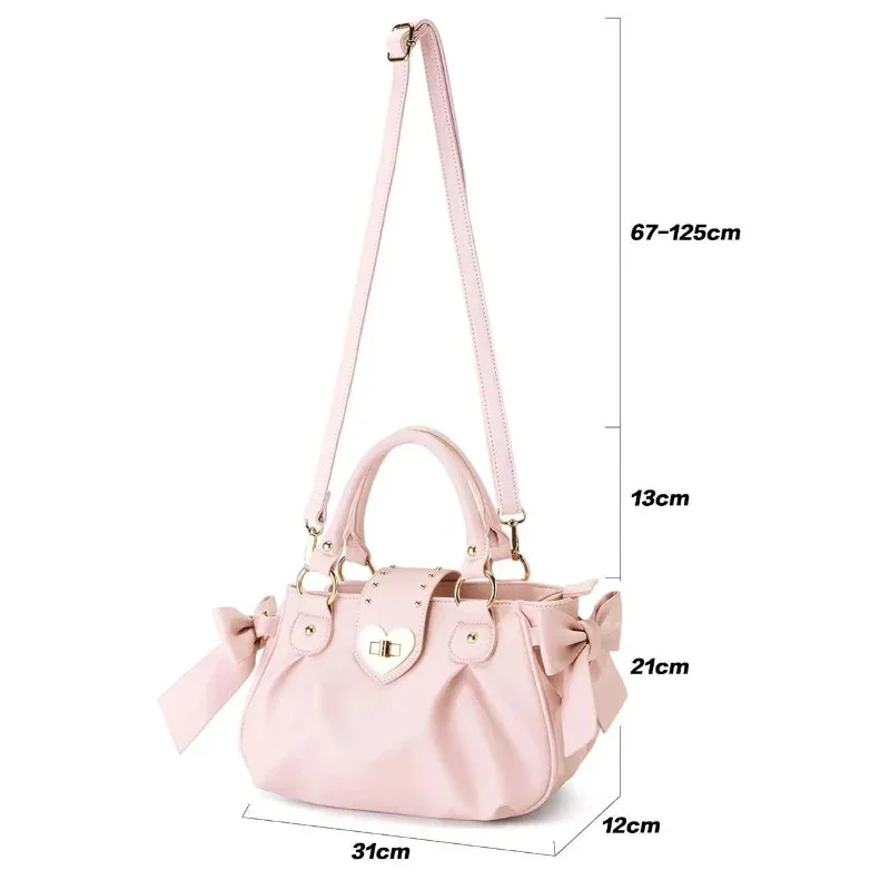 Kawaii Bow Lolita Pink Shoulder Bag Japanese Style Sweet Love Heart Crossbody Bags for Women Cute Large Capacity Handbags Girl