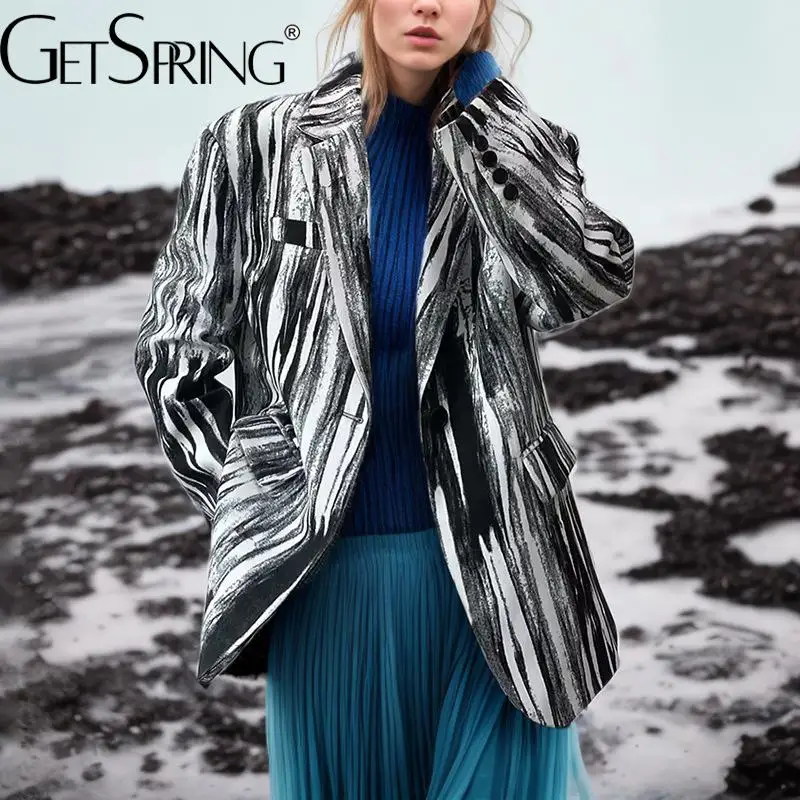 

Getspring Women Blazer Black White Color Matching Fashion Blazer Jackets Vintage Casual Loose Suit Coats For Women 2024 New