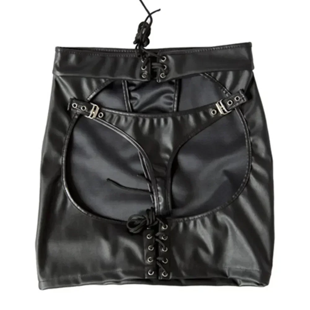 Vrouwen Sexy Lace Up Pvc Latex Bondage G-string Fetish Bodycon Hip Micro Mini Skirt Set