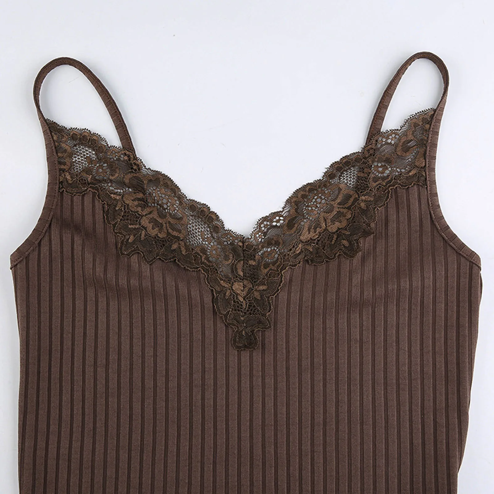 Brown Lace Trim Ribbed Tops Women Summer Sexy V Neck Cami Vest
