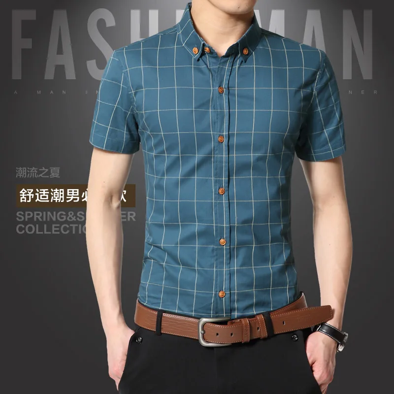 Men Short Sleeve Shirts Plus Size M-5XL Cotton Plaid Casual Slim Fit Striped