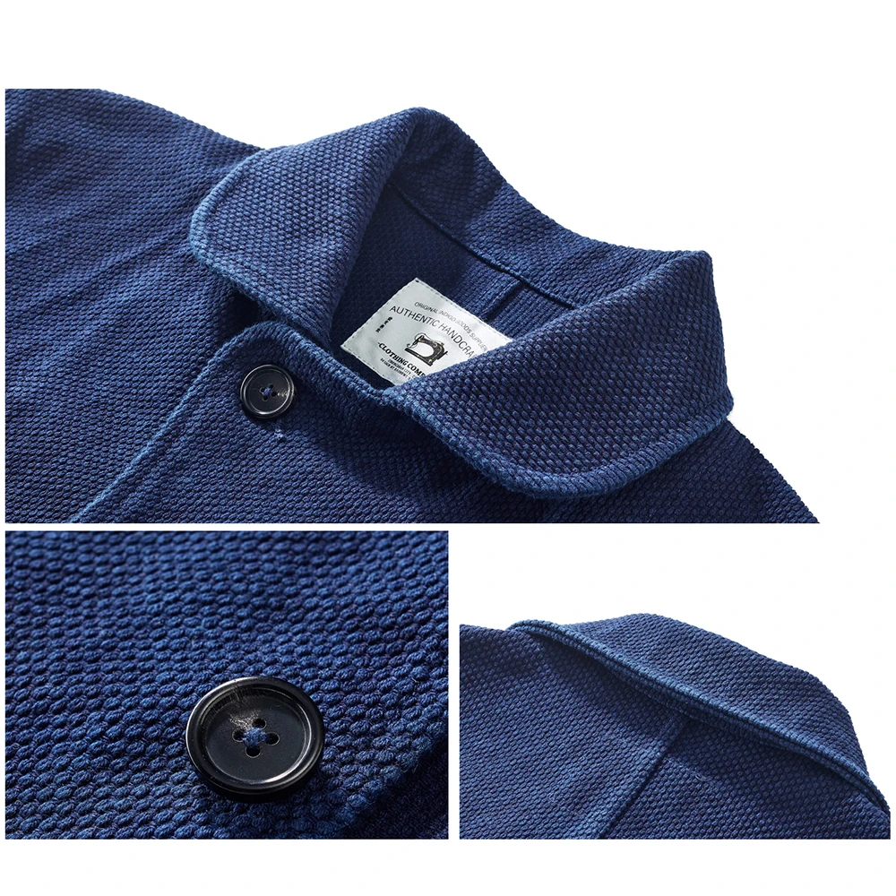 Heavy Weight Indigo Jacket Men Autumn Winter Vintage Workwear Tooling Jacket Blue Dyed Kendo Fabric Multi-pocket Cardgian Coat 2