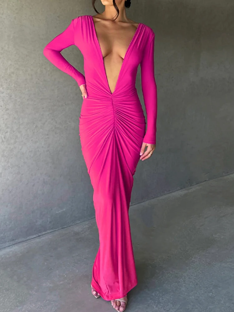 

Bangniweigou Versatile Wearing Maxi Dress for Women Long Sleeve Ruched Plunge V Neck Fuschia Robe Elegant Party Outfit