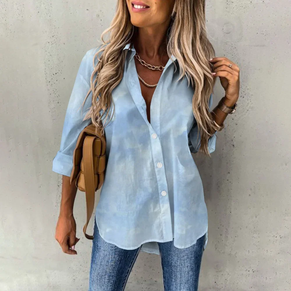 

Spring Autumn Ladies Casual Shirt Office Green Blue Loose Tops Women's Long Sleeve Blouse Tops Elegant Button Up Down Shirts
