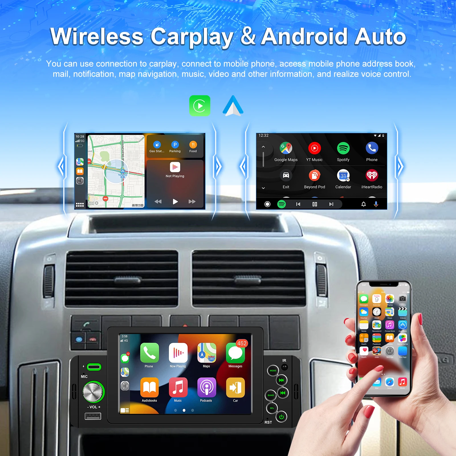 1 Din 5 CarPlay Autoradio Bluetooth MP5 Player Android-Auto Hände