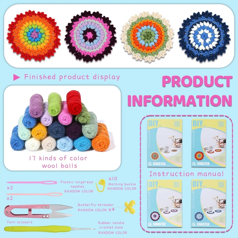 Various Crochet Hook Coasters Kit Knitting Material Kit Crochet Supplies with Soft Yarn Video Tutorials for Adults and Starter crochet yarn crochet kit knitting supplies knitting material