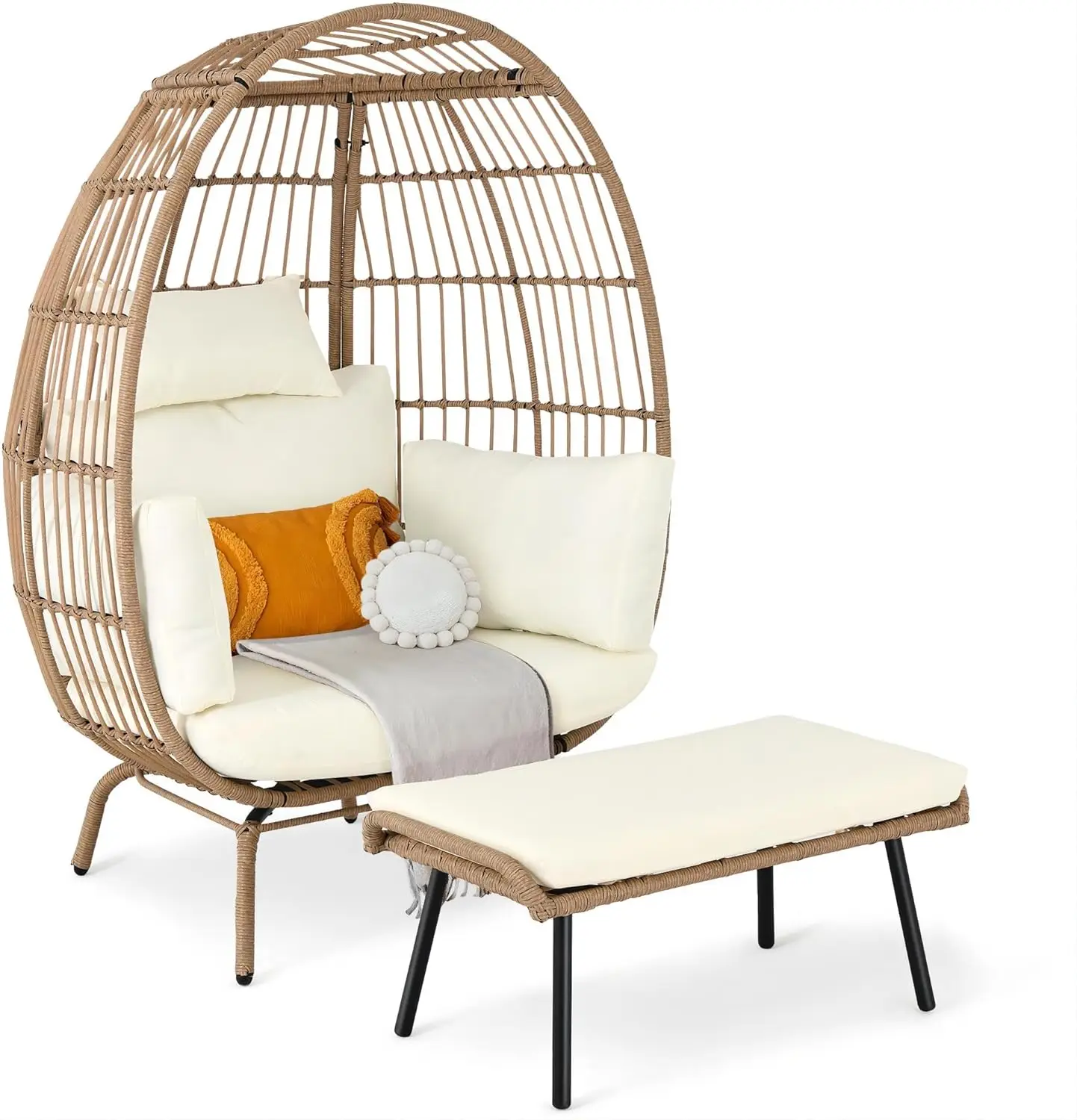 

Wicker Outdoor Egg Chair with Footrest Patio Oversized Lounger Chair with Ottoman, Cushions, Outdoor Indoor Basket Chair