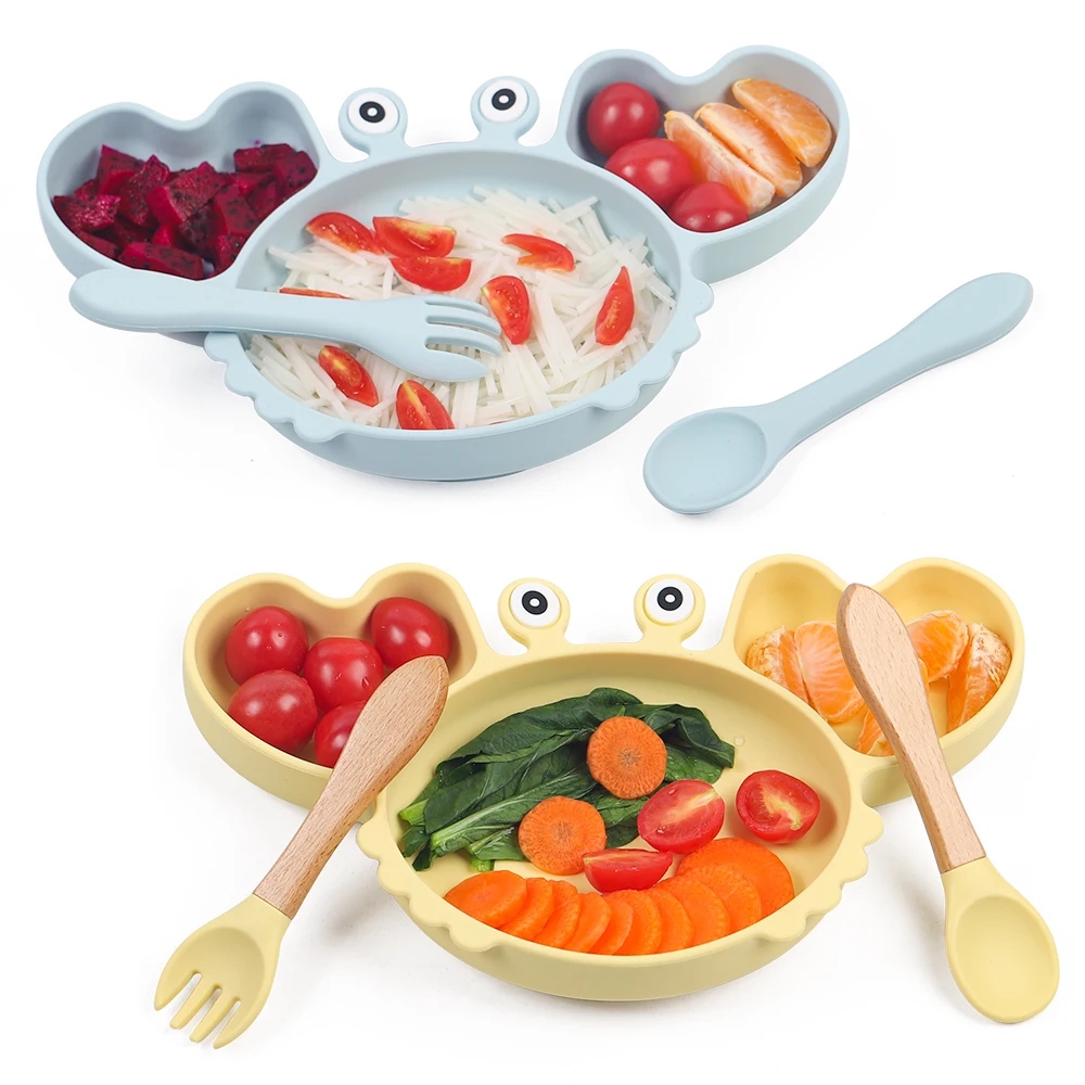 1/4/9Pcs Baby Bowls Plates Spoons Silicone Suction Food Tableware BPA Free Non-Slip Baby Dishes Crab Food Feeding Bowl for Kids