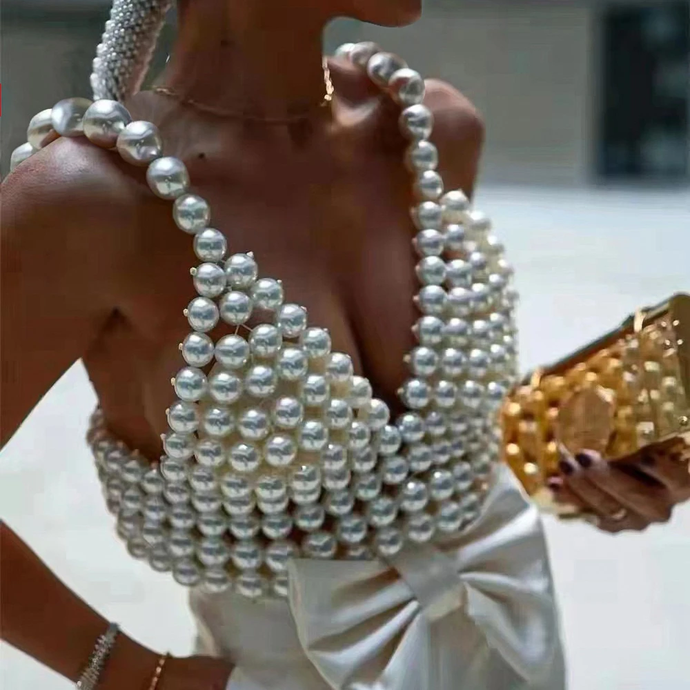 Women Luxury White Black Big Pearls Straps Vest Hollow Beading