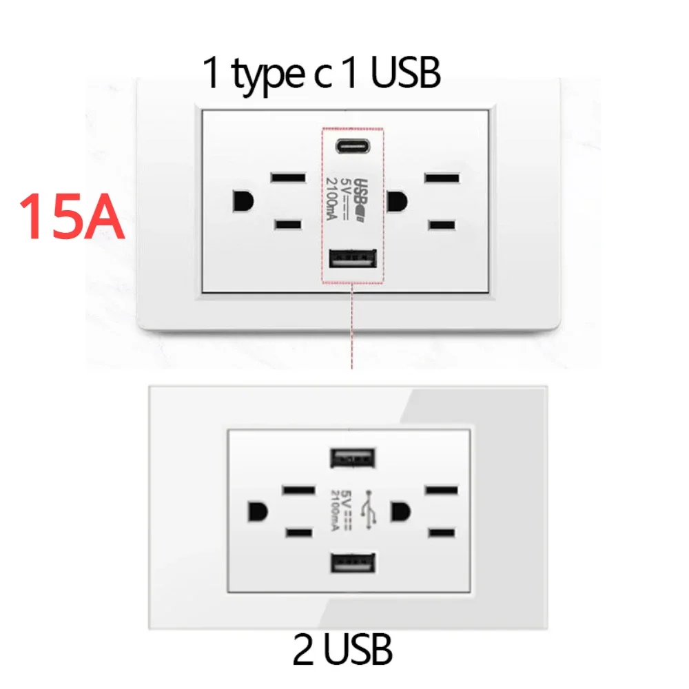 

US Wall Sockets 2 Outlest 2 USB 1 Type C 5V 2.1A Fast Charge Black White Gold PC Glass Panel 220V 110V Power Home Office Socket