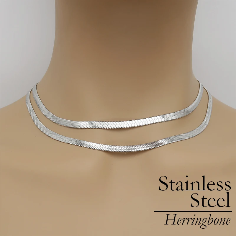 Collana Donna A Spina Di Pesce In Acciaio Al Titanio - Catena Piatta A Serpente 38 Cm + 3 Cm Regolabile