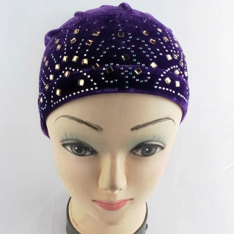 Middle Eastern Muslim Women's Velvet Headscarf Hat Fashionable Rhinestone Hair Care Hat Arabic Pullover Care Hat 4