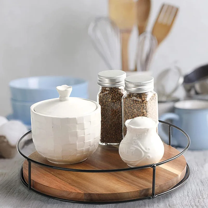 Multipurpose Wooden Revolving Spice Rack and Storage Tray for Kitchen Cabinets
