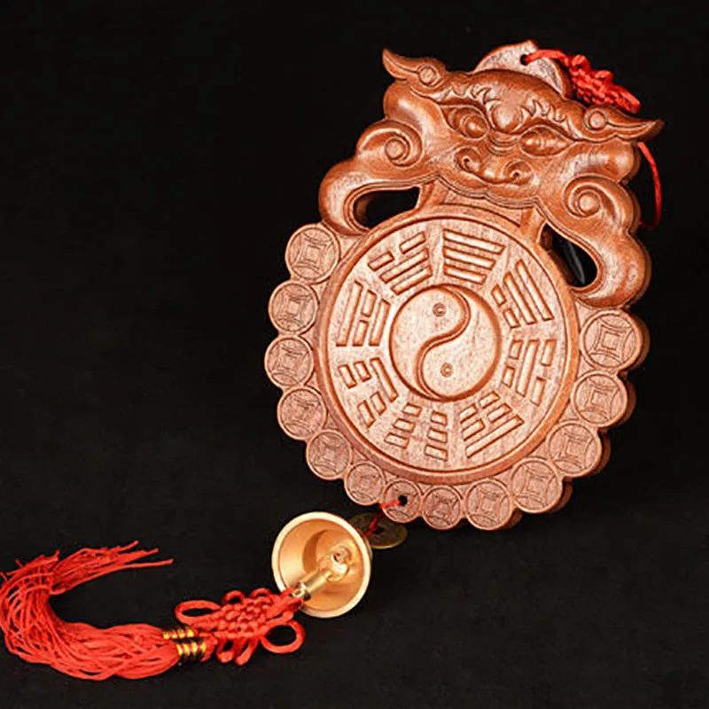 Monster Head Chinese Feng Shui Peach Wood Carving Ornament, Home Living Room Decor