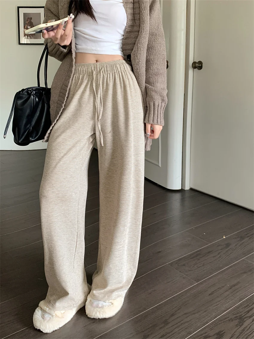 Arazooyi Autumn Stripes Mopping Trousers Chic Loose Casual Elastic Waist All Match Fashion Straight Wide Leg Office Lady