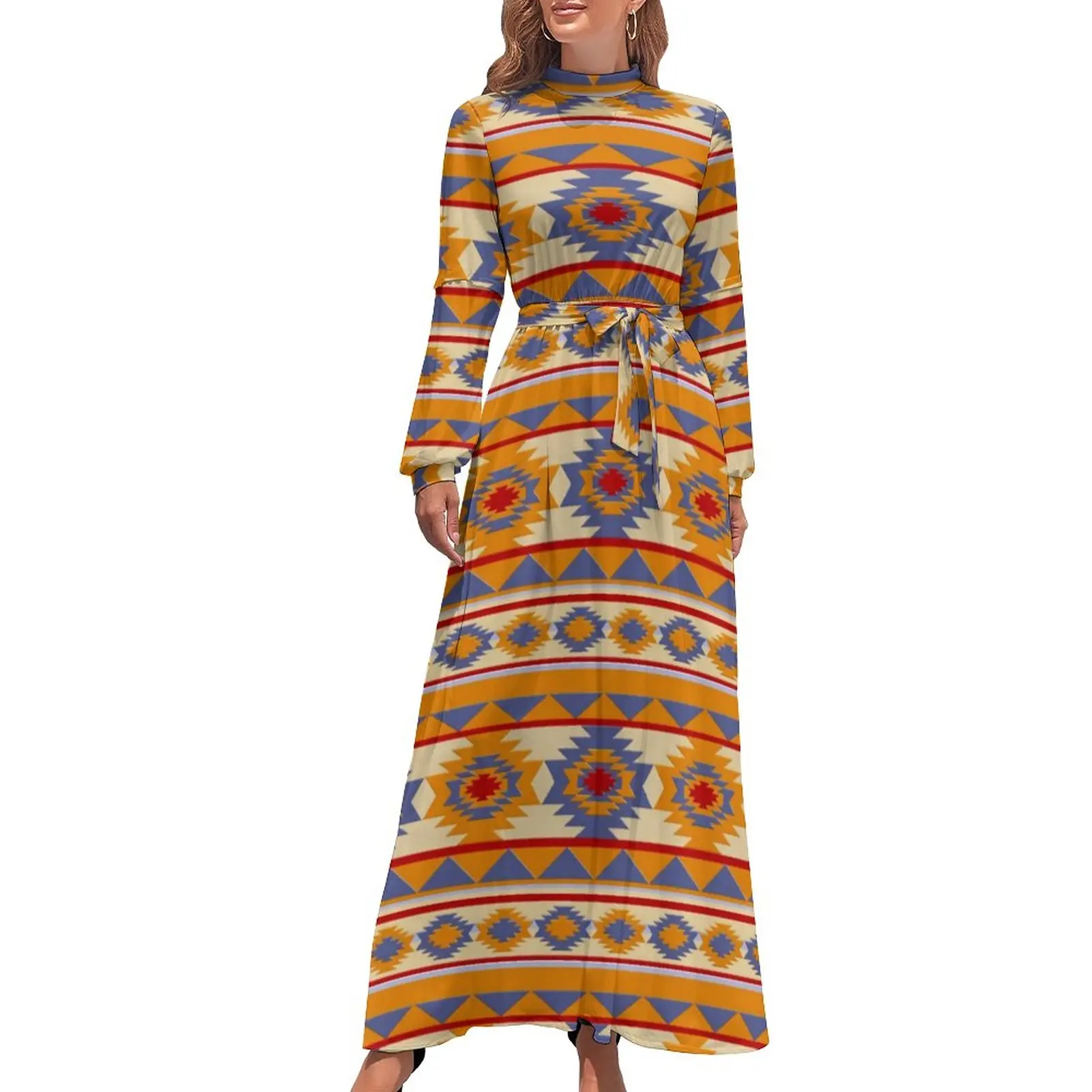 

Tribal Print Dress Long Sleeve Southwestern Vintage Maxi Dress High Neck Stylish Printed Bohemia Long Dresses Gift