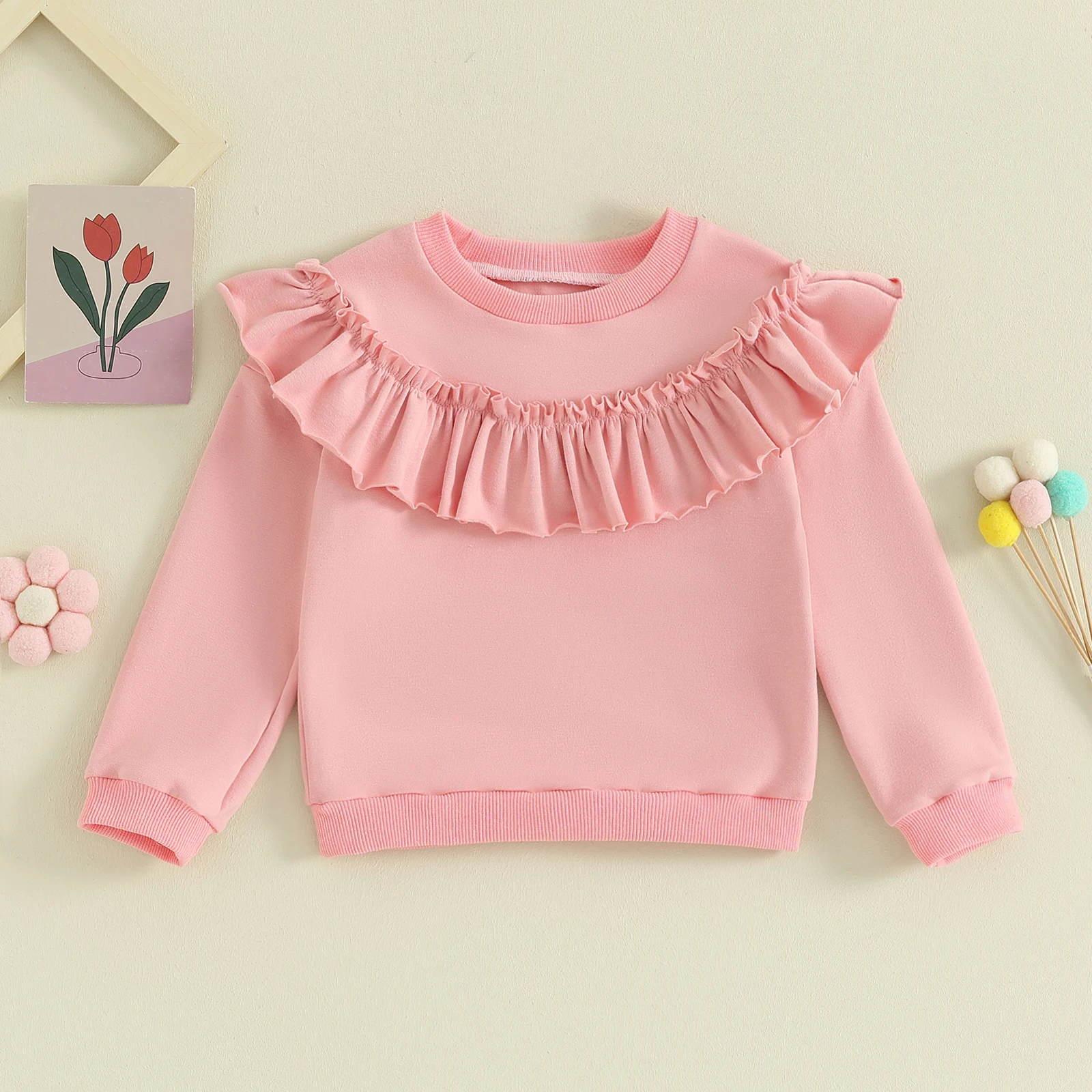 Toddler Kids Baby Girl Ruffle Sweatshirts Long Sleeve Round Neck Solid Color Pullovers Spring Tops 9M-4T girl sweatshirt kids sweatshirt baby girl clothes