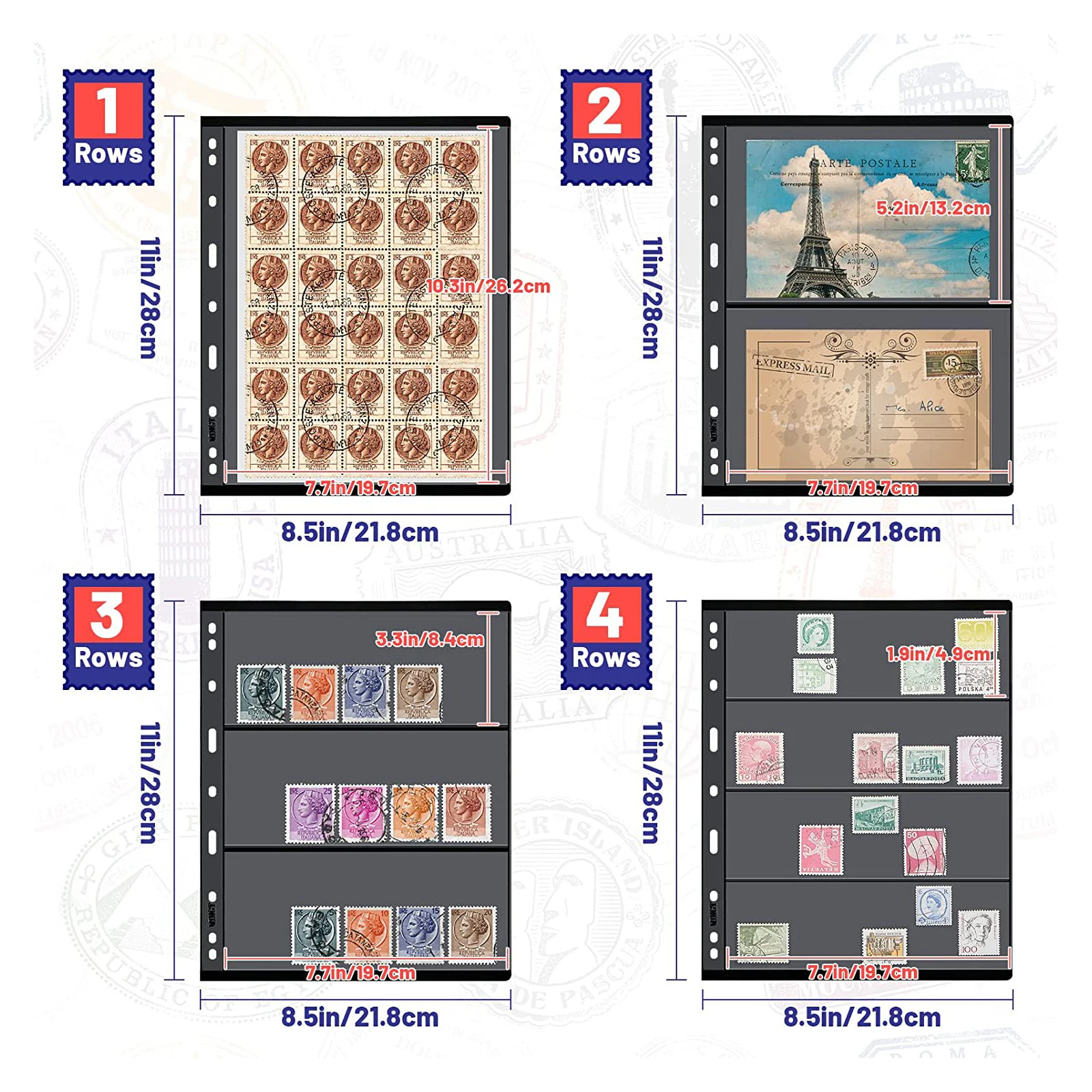 20 Sheets Stamp Pages Collector Stamp Collecting Album Binder Standard 9  Hole Binder Sleeves for Stamps Collecting Supplies (1 Row)