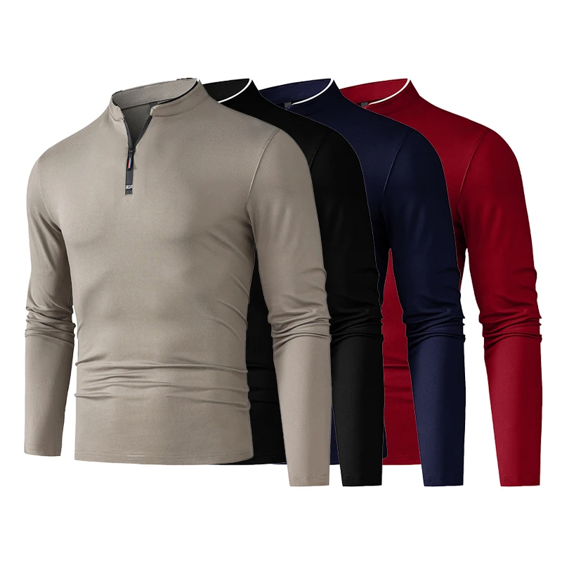 Lässiges, modisches Herren-Poloshirt mit Reißverschluss, 2025, einfarbig, langärmelig, Stehkragen, vielseitiges, bequemes Oberteil – Detail 3