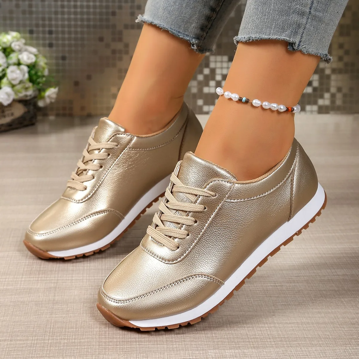 New Fashion Women's Sneakers Golden Silver Luxury Girls Walking Shoes Spring/autumn Casual Comfortable Flat Vulcanized Shoes