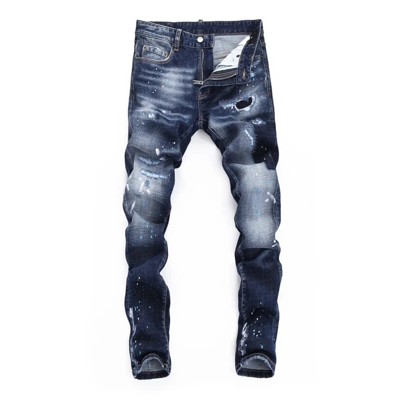 Blue Knee Ripped Jeans Slim Fit Jeans BL502 Streetwear Mens Jeans