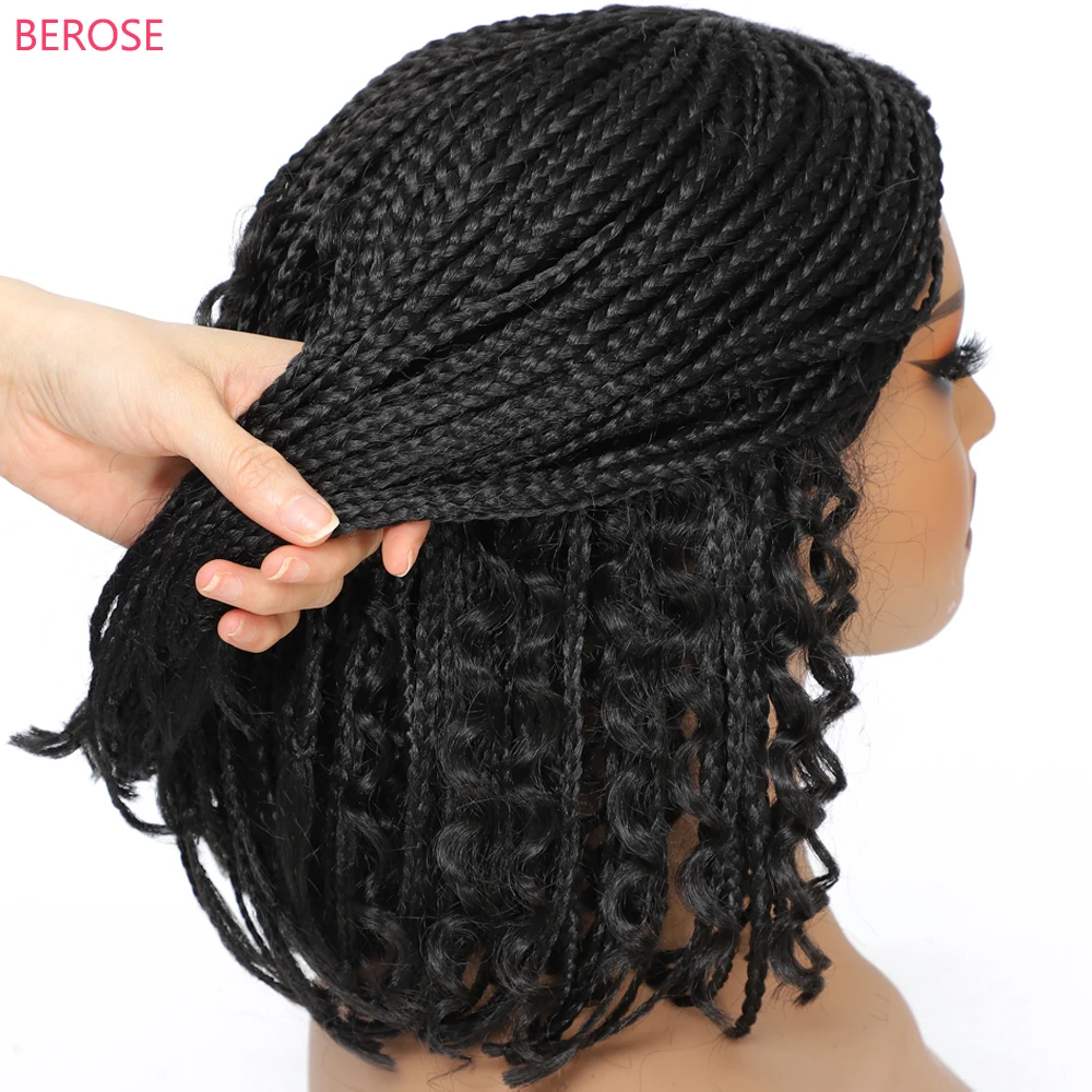 Ombre 1B 27 Burgundy 30# Boho Box Braids Crochet Hair Wigs peruque naturel femme Short Box Braided Wig with Curly Hair for Girls