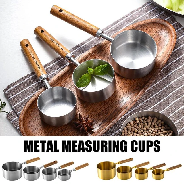 Measuring Cups Set 4pcs Stackable Metal Spoons With Wood Handle