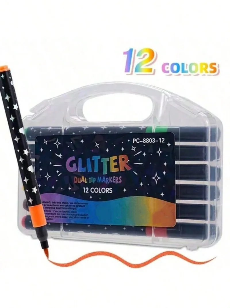 12pcs Glitter Markers, Soft Tip Single Head Brush Pens, Watercolor Pens, Stationery Glitter Markers, Hand-Painted Single