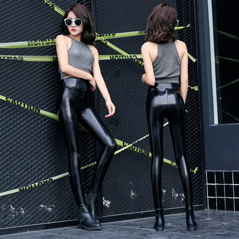 Open Crotch Outdoor Sex Women Fashion Stretch Slim PU Faux Leather Pants High Waist Leggings Waterproof Slim Sexy Black Trousers