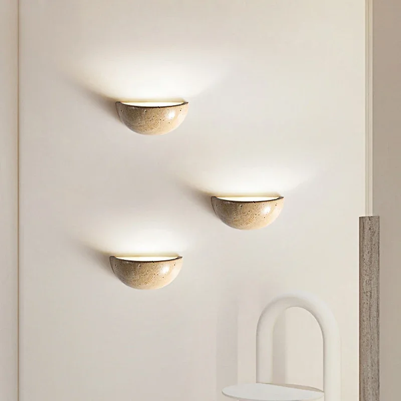 Nordic Wabi-sabi Style Yellow Travertine Cream Style Bedroom Bedside Living Room Background Wall Semicircular LED Wall Lamp