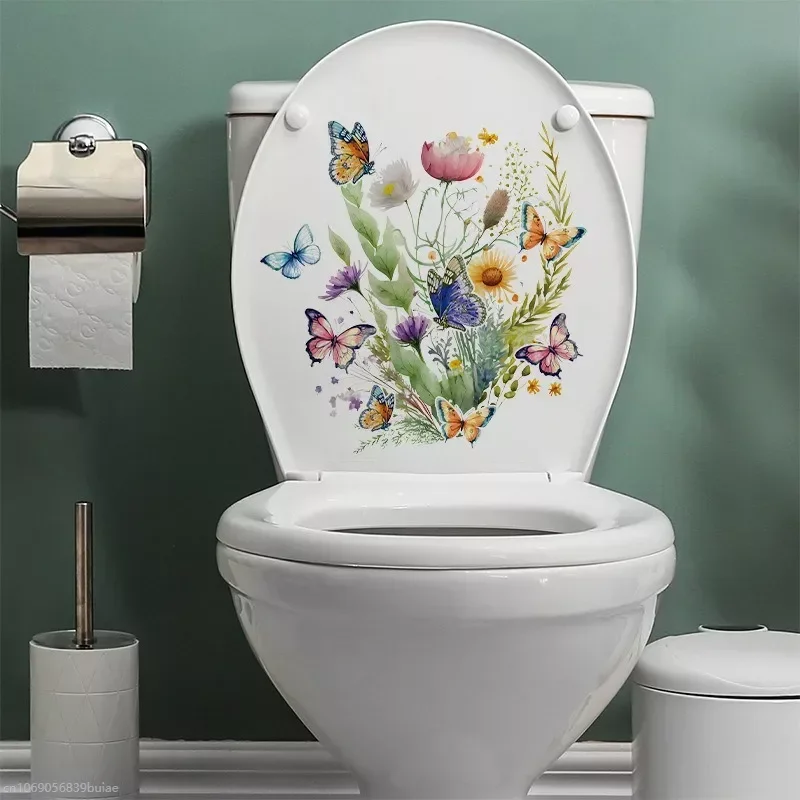 Toilet Stickers Green Plant Leaves Flowers World Butterflies Toilet Stickers Toilet Lid Sticker Bathroom Wall Sticker Cover Decor DIY