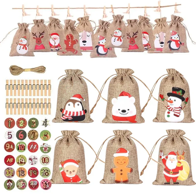 2026 Christmas Advent Calendar Small Christmas Gift Bags Tiny Christmas Burlap Candy Bag Holiday New Year Party Favors Supplies