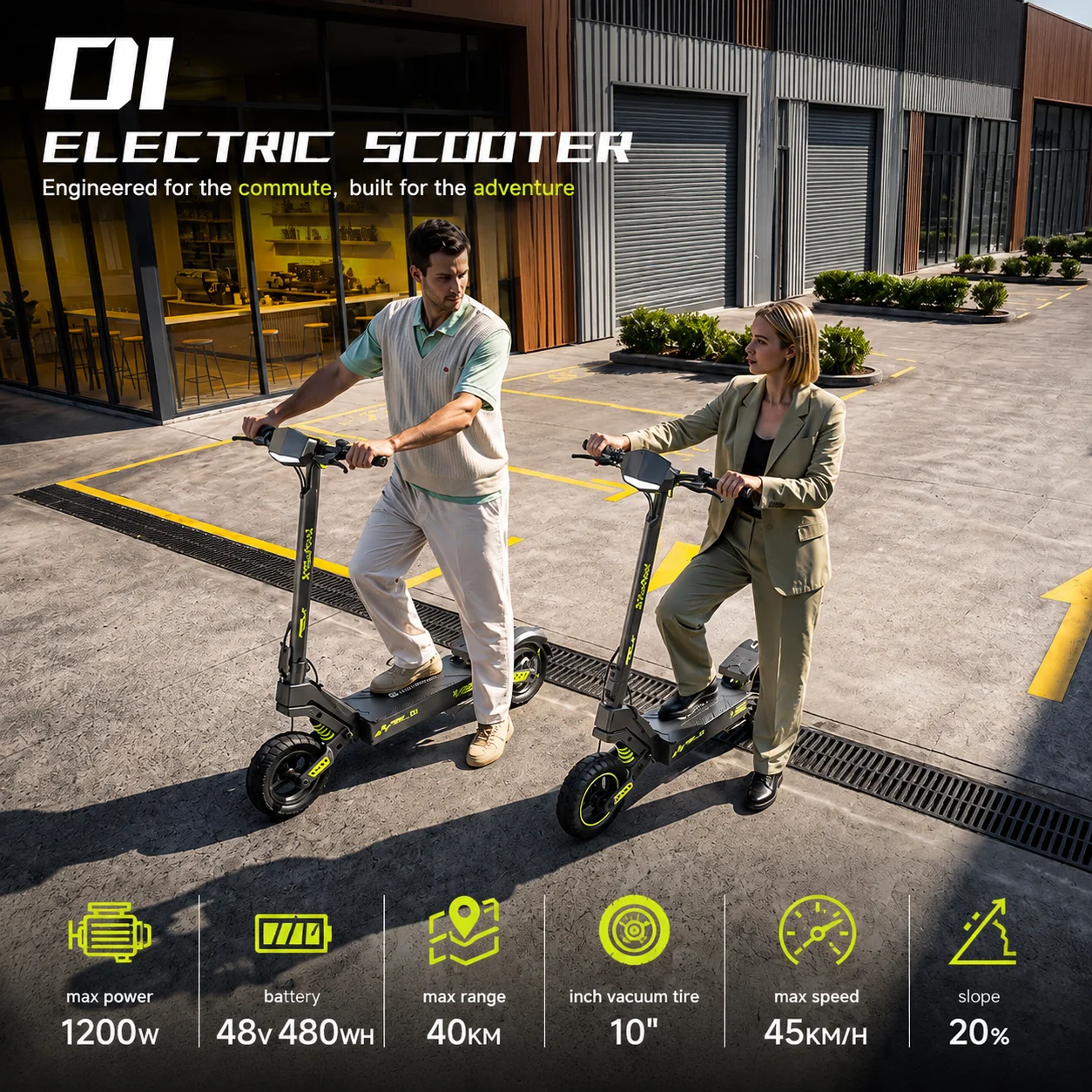 Trottinette électrique D1 1200W, E-Scooter 48V 10Ah avec application, pour le travail, les trajets quotidiens, les voyages en extérieur, pneus à vide de 10 pouces, trottinette tout-terrain 1