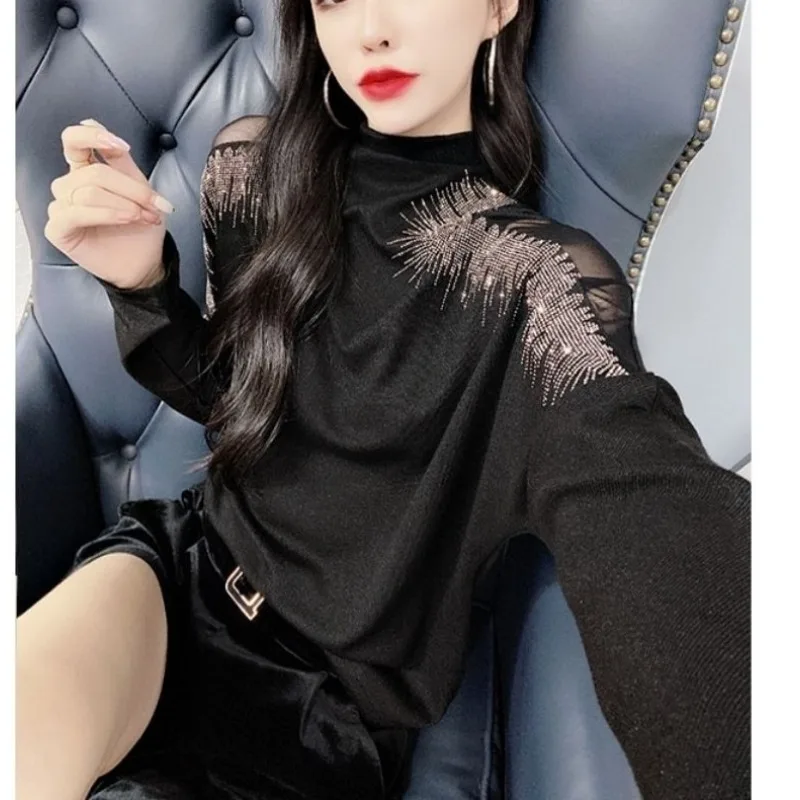 

Spring and Autumn Women's Solid Color Pullover Half High Neck Loose Fit Long Sleeve Underlay Fashion Elegant Commuter Tops