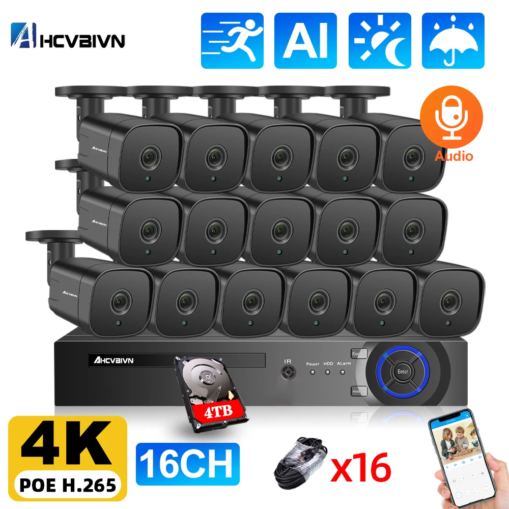 

16CH 4K POE NVR 8/16 4K 8MP POE IP Camera Motion Detection Security System Audio Day Night Vision H.265 8MP Waterproof Camera