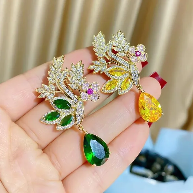 女性のための小麦の耳のブローチ,緑,黄色の葉,花,創造的なライン 