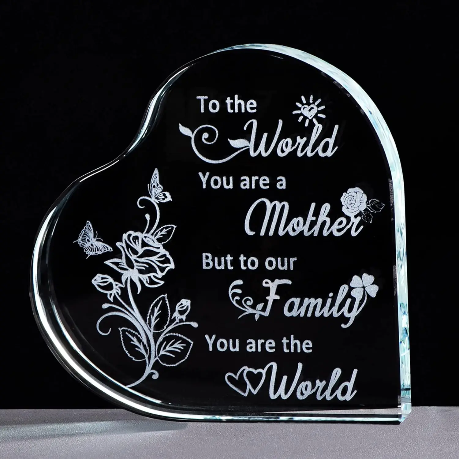 Heart Gift ，Heart-shaped Glass Keepsake Engraved with Love Quote Mothers Day Presents for Mother Plaque Ornaments ﻿