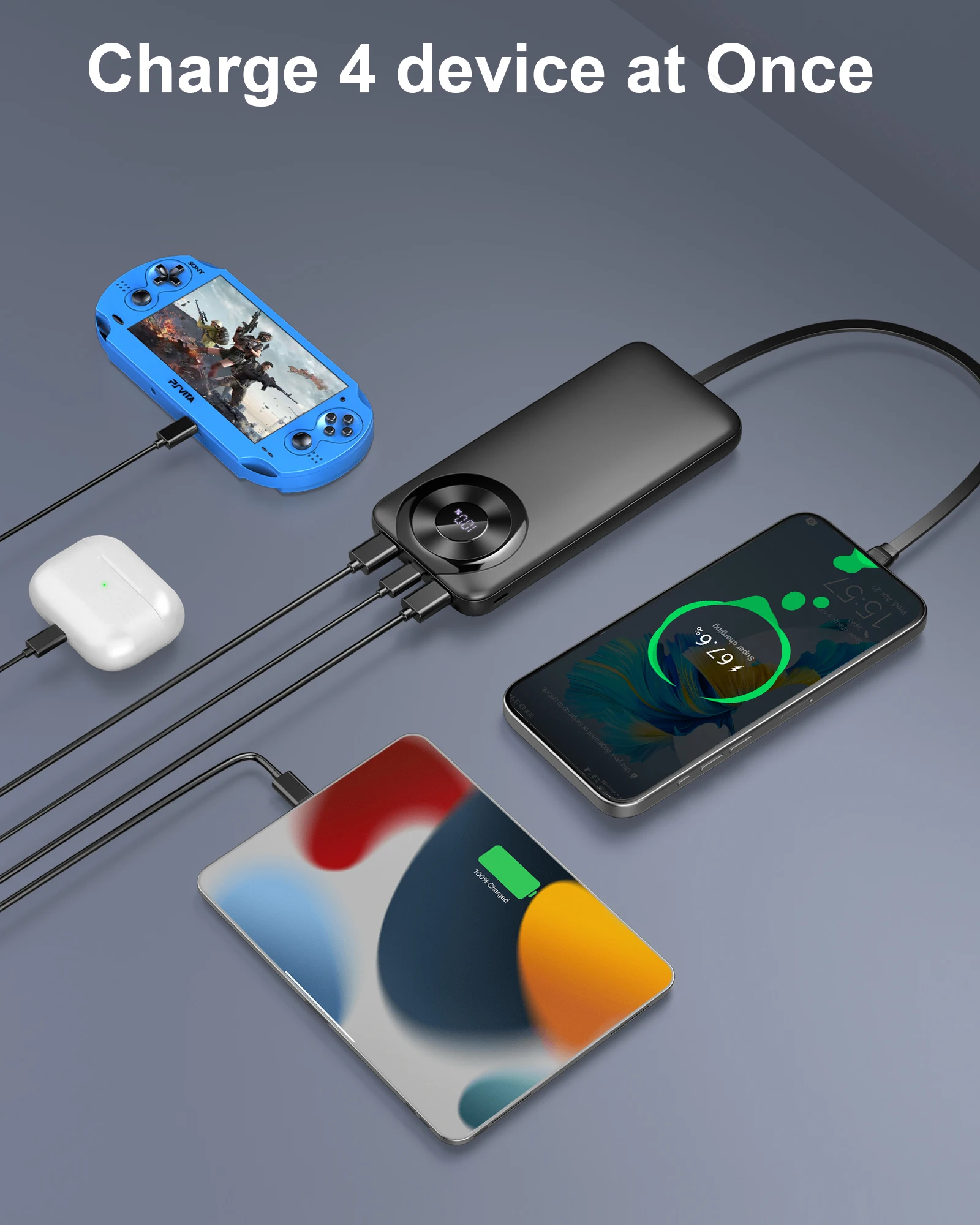 Portable Charger 10000mAh, Power Bank High-Speed Charging with Built in Cable 5V/3A Slim Battery Pack, USB-C in&Out Powerbank. 4