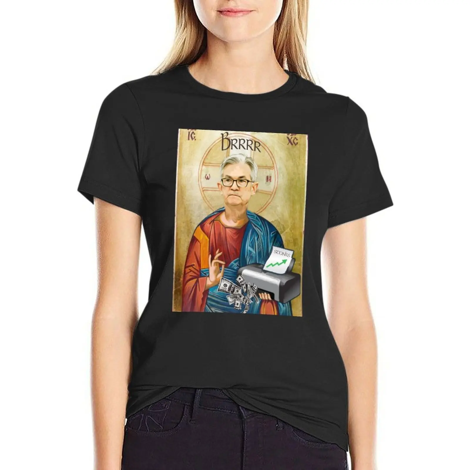

Jerome Powell Jesus | JPow Jesus | Printer goes Brrr T-Shirt cute tops hippie clothes oversized cropped t shirts for Women