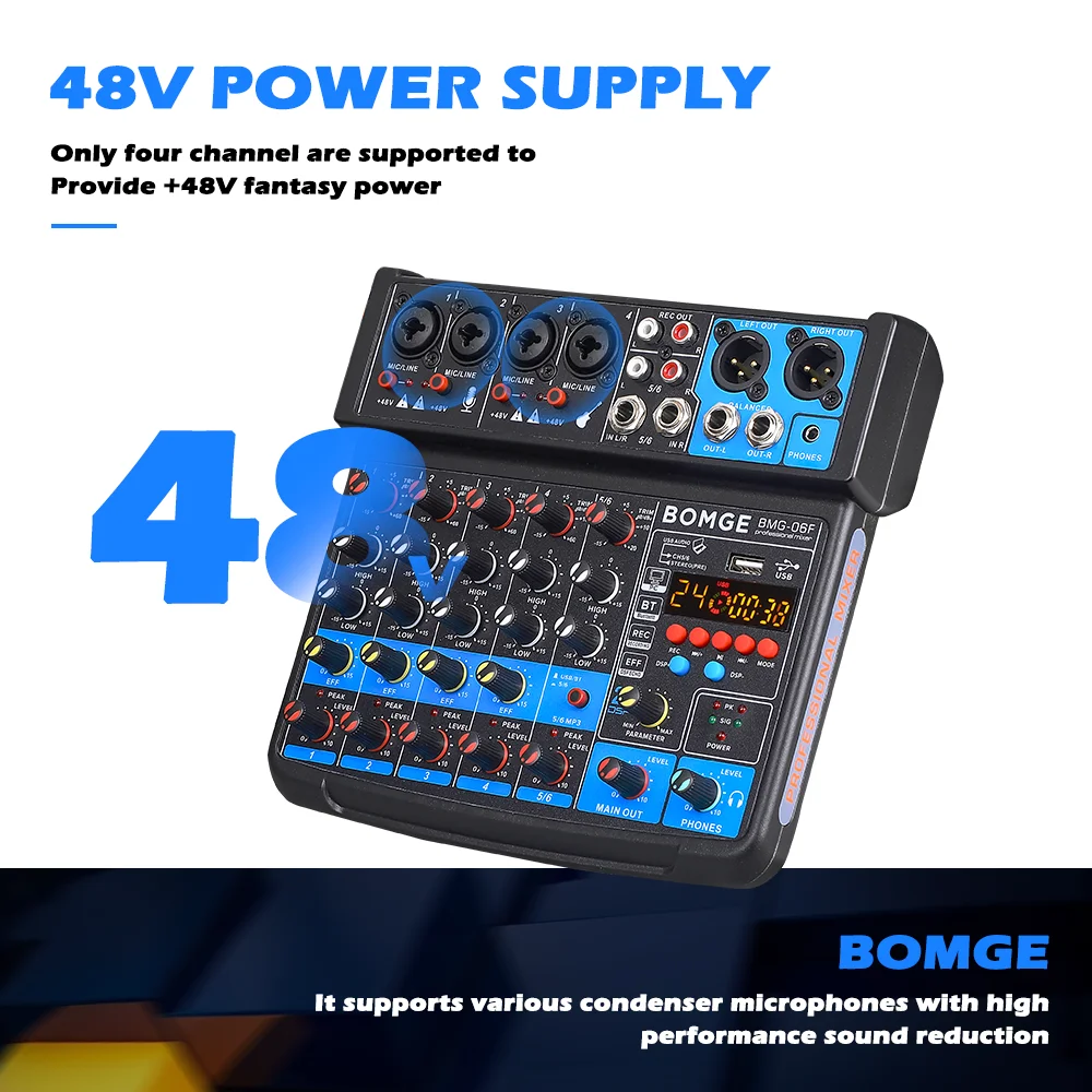 BOMGE 6 Channel Audio Mixer mini Mixing Sound Console USB audio Interface Sound Card With 16DSP 48V Phantom Power for karaoke DJ