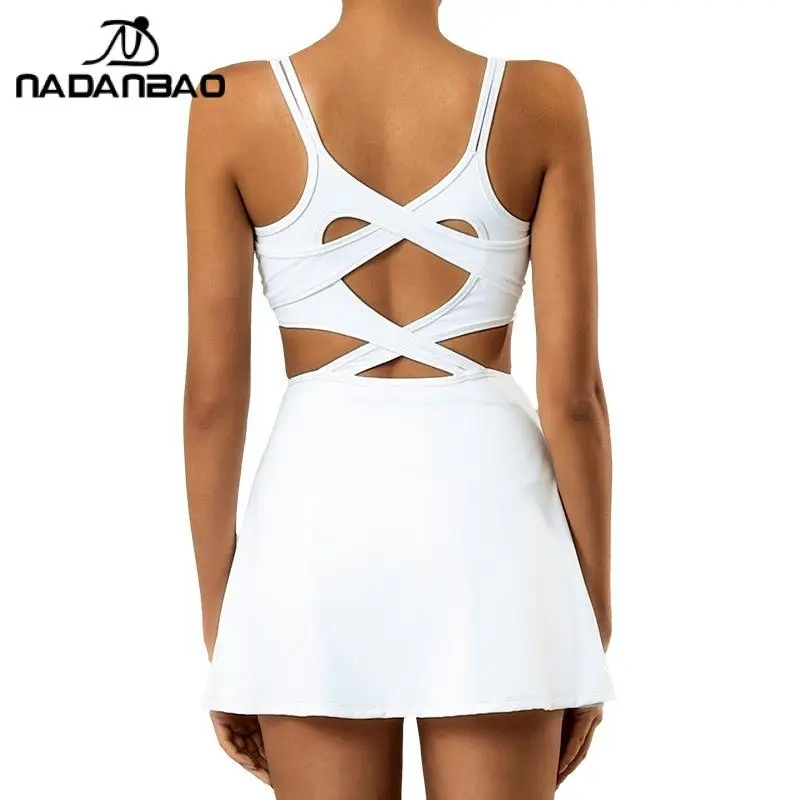 Nadanbao Outdoor Sports Women's Tennis Dress Fashion Casual Fitness Yoga Dress Female Backless Intersect Hollow Out Gym Clothes