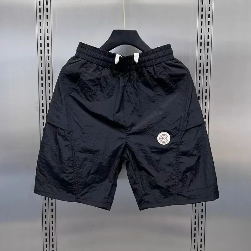 Summer New Men's 2024 Patchwork Elastic Waist Drawstring Loose-fitting Pocket Zipper Fashion Solid Color All Match Casual Shorts
