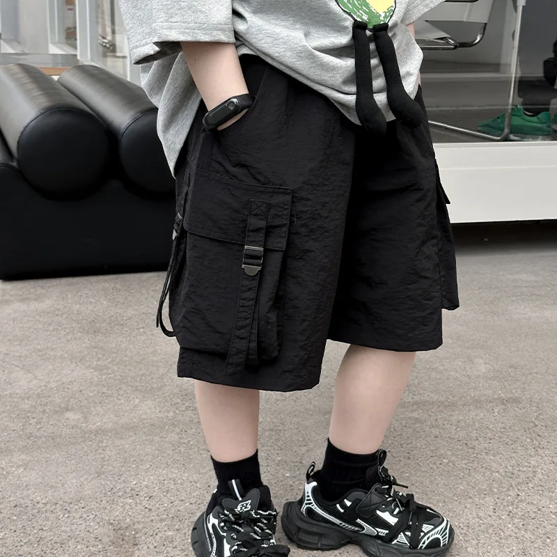 

Children Clothing Kids Handsome Personality Black Shorts 2024 Summer New Boys Korean Style Loose All Match Cargo Pants