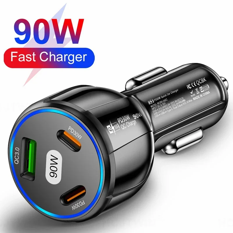 High-Speed 90W Multi-Port Car Charger with USB & Type-C Ports