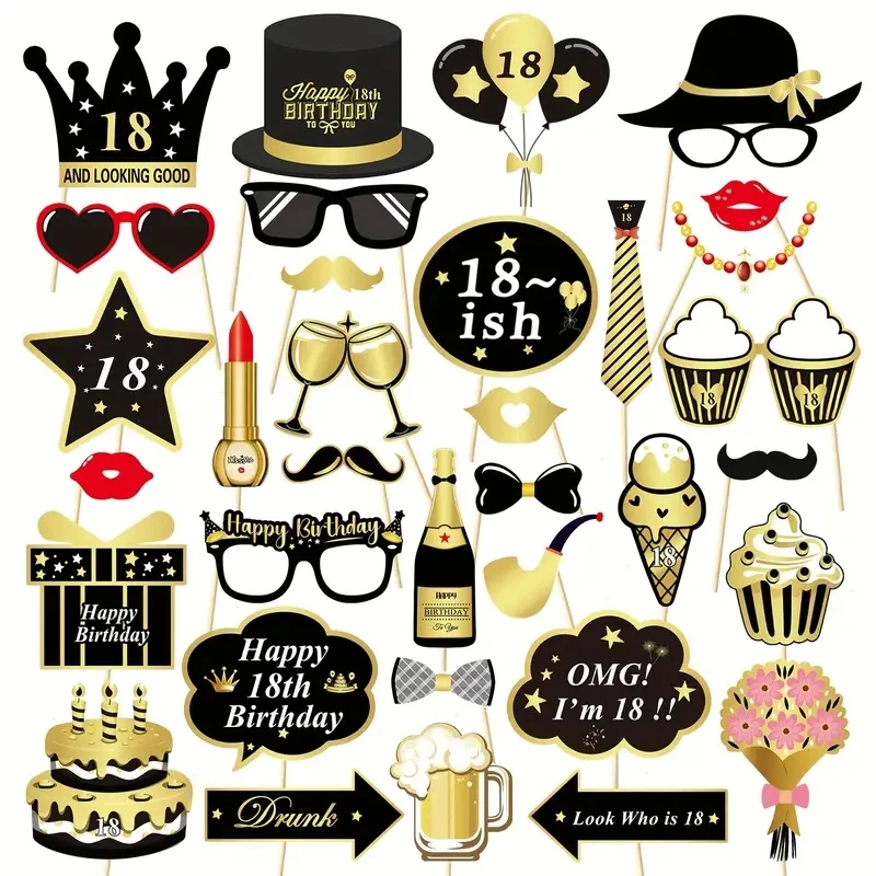 Party Photo Props 34pcs Black Gold Birthday For 18-year-old Boys and Girls Party Decoration
